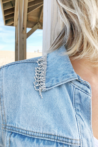 Rhinestone Laced Collar Denim Jacket